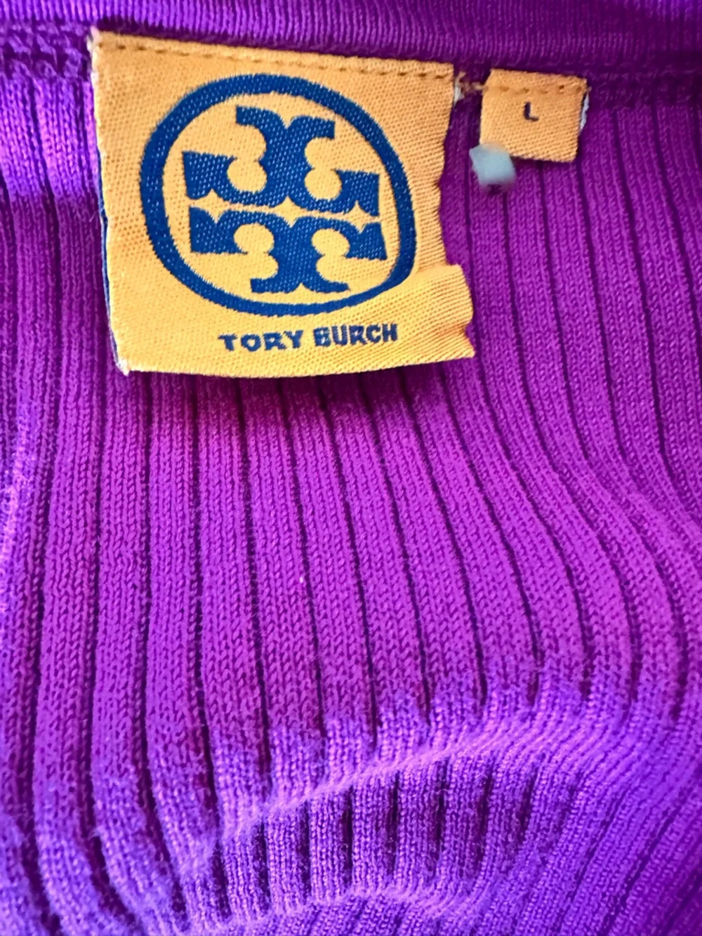 Tory Burch 100% Cotton Ribbed Knit Cardigan Magenta  L Gold Logo Buttons Preppy